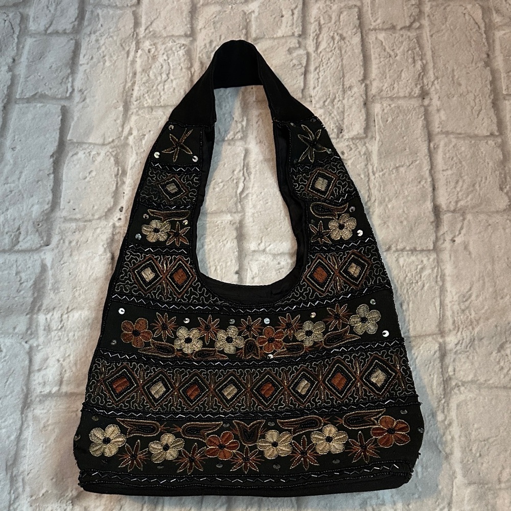 Embroidered Black and Brown Women's Shoulder Bag
